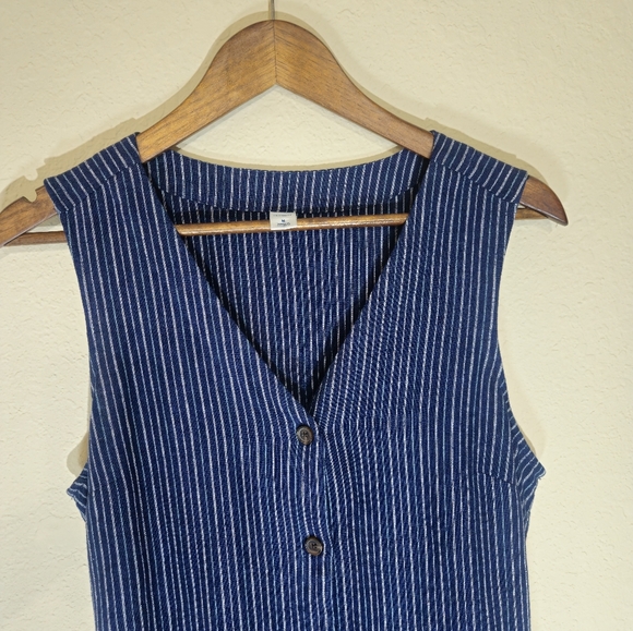 Old Navy Linen Blend Dress Womens Medium Blue White Nautical Stripe Patch Pocket - Picture 4 of 10